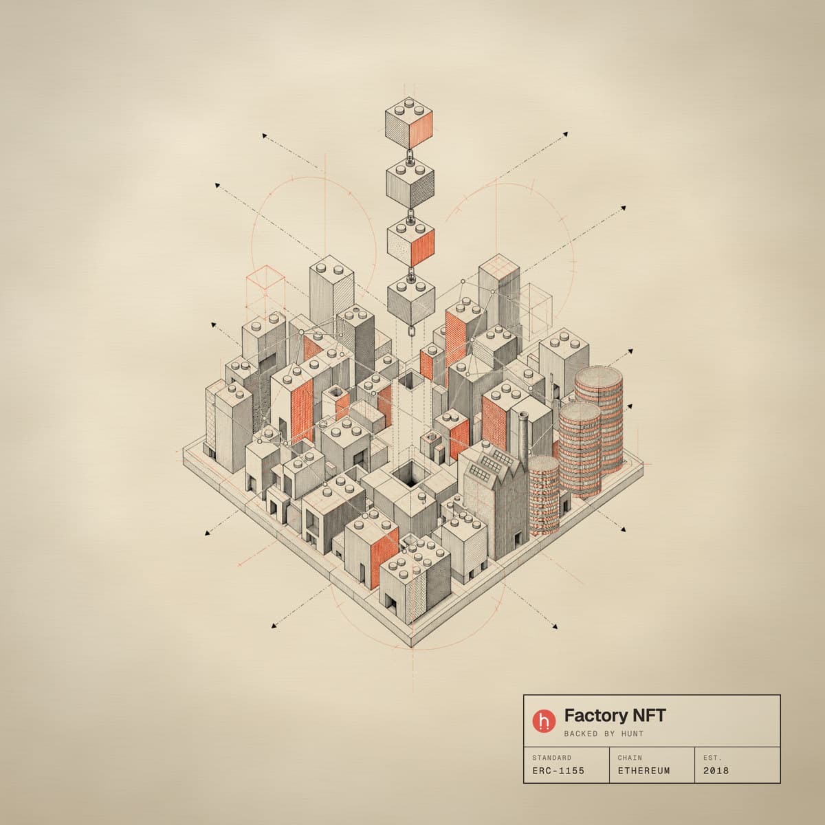 The Factory NFT: a factory town drawn like a blueprint, with stacks of HUNT coins