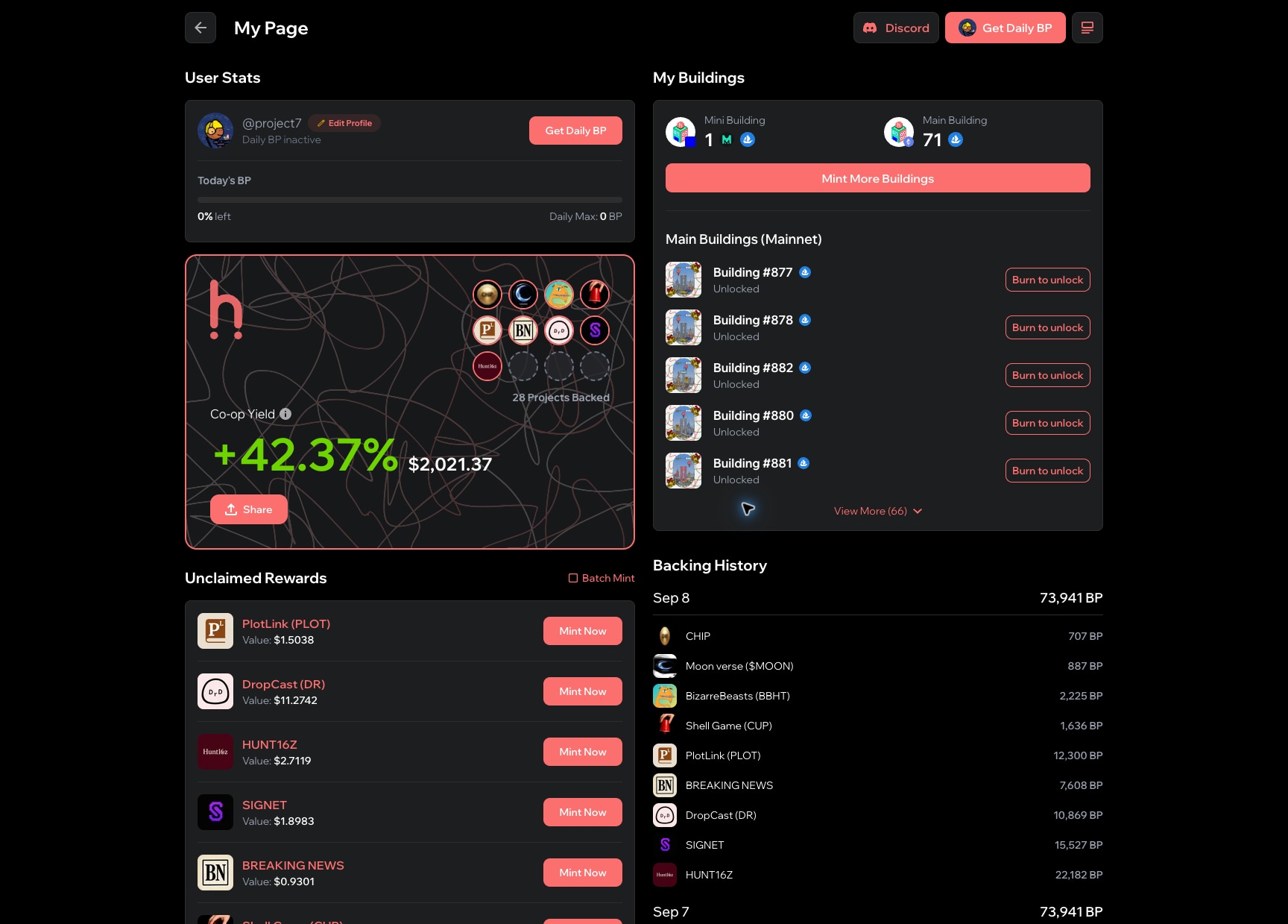 Co-op connected-wallet dashboard with backing activity and rewards