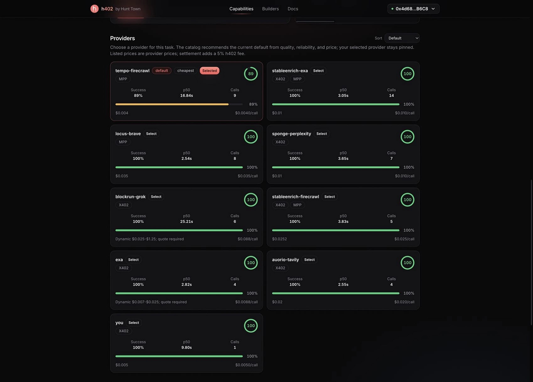 h402 web search providers with per-call prices and verification scores