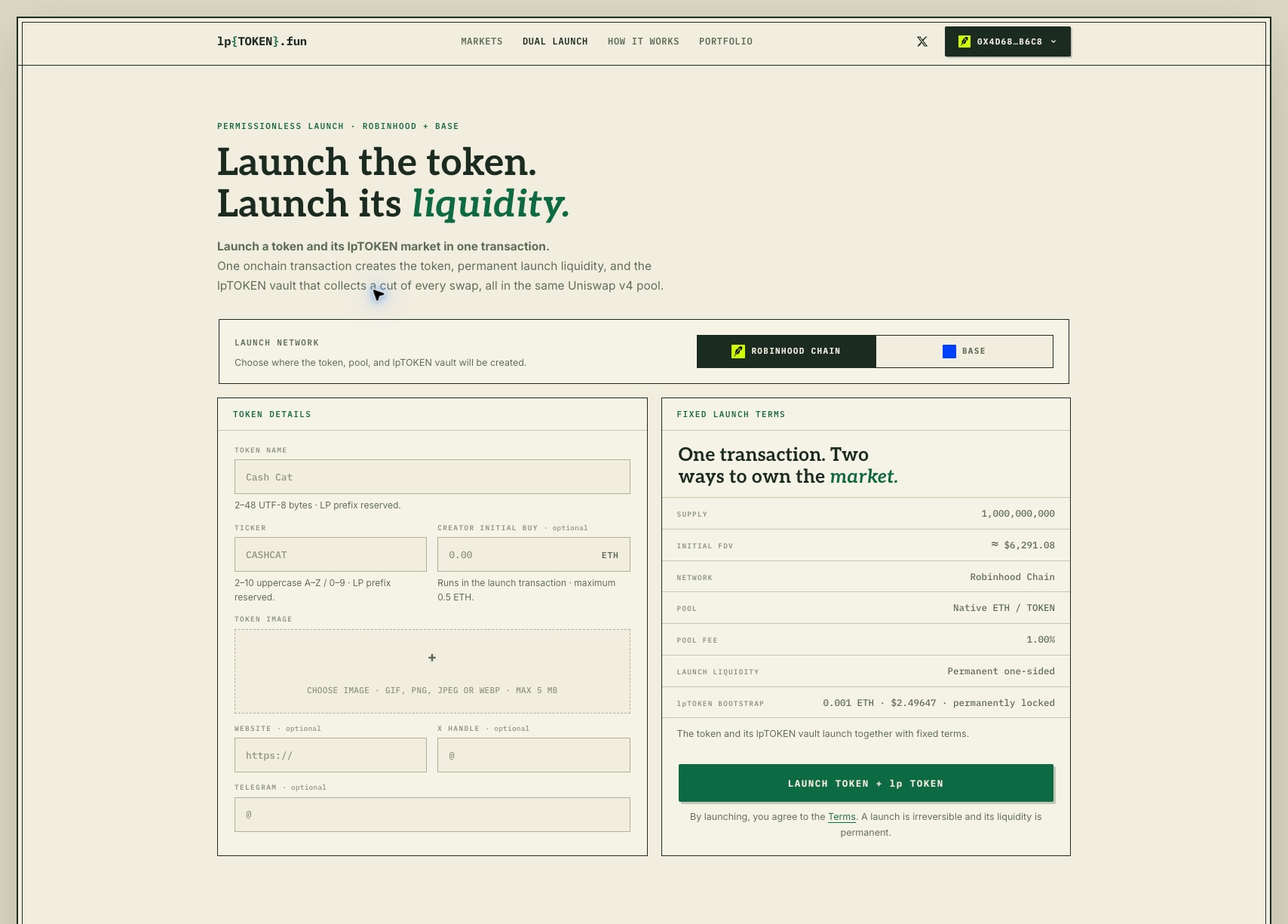 lpTOKEN.fun dual launch interface for creating a token and its LP vault