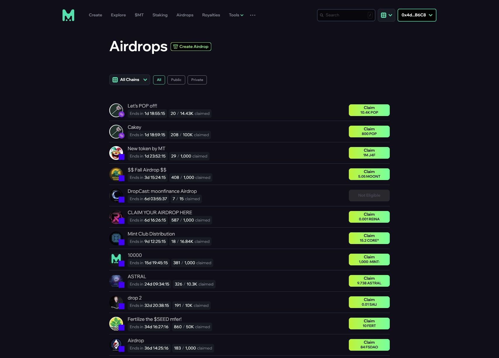 Mint Club airdrop directory with connected-wallet eligibility