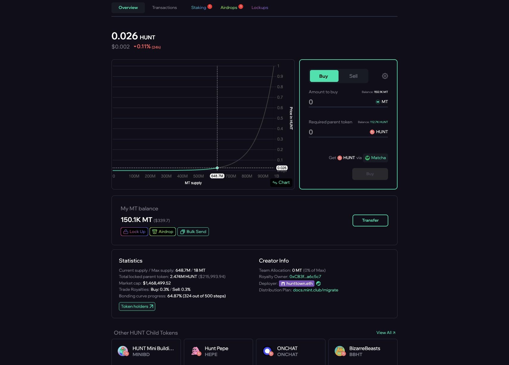 MT token bonding curve showing current supply and reserve information