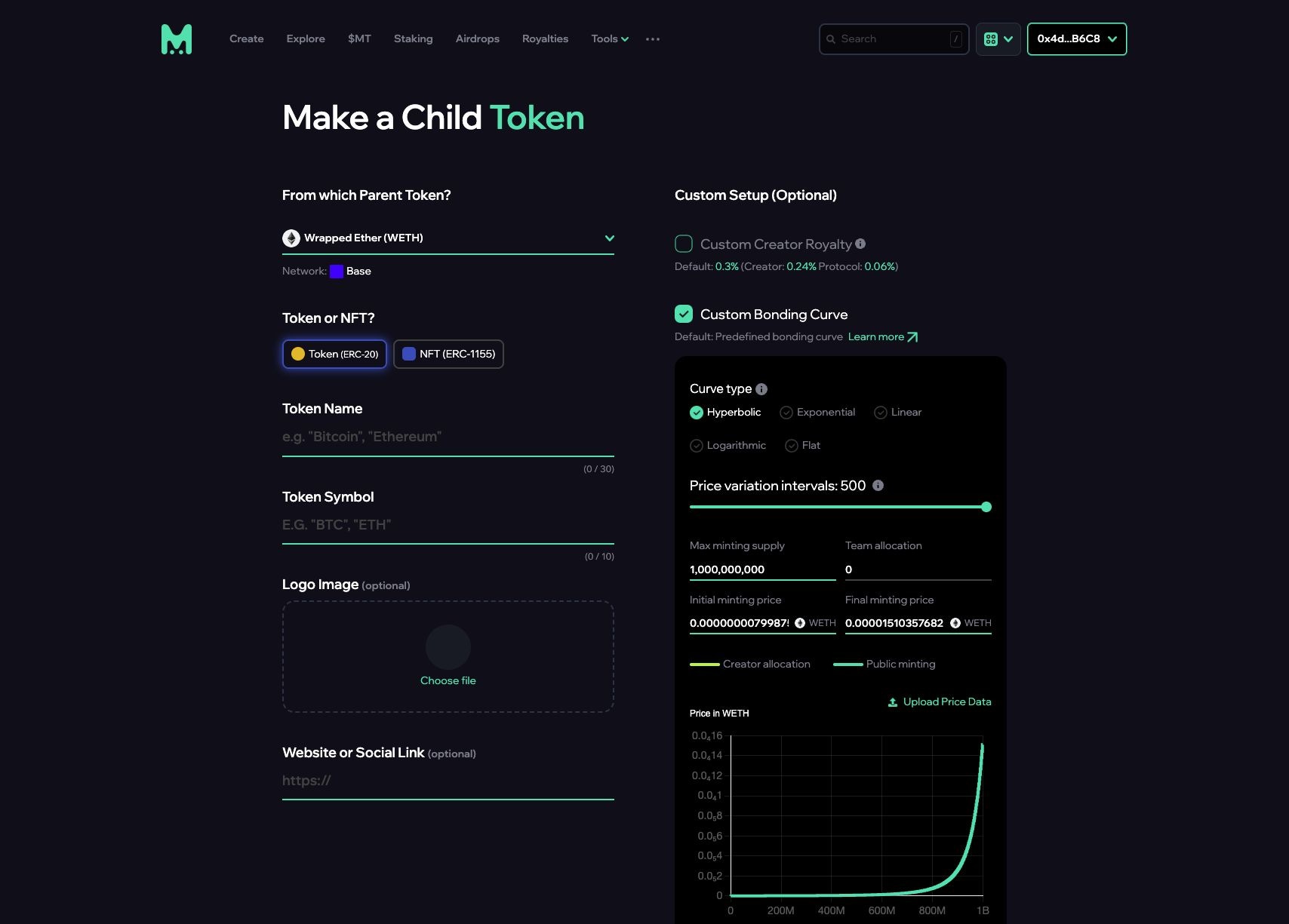 Mint Club creation interface with custom bonding curve controls
