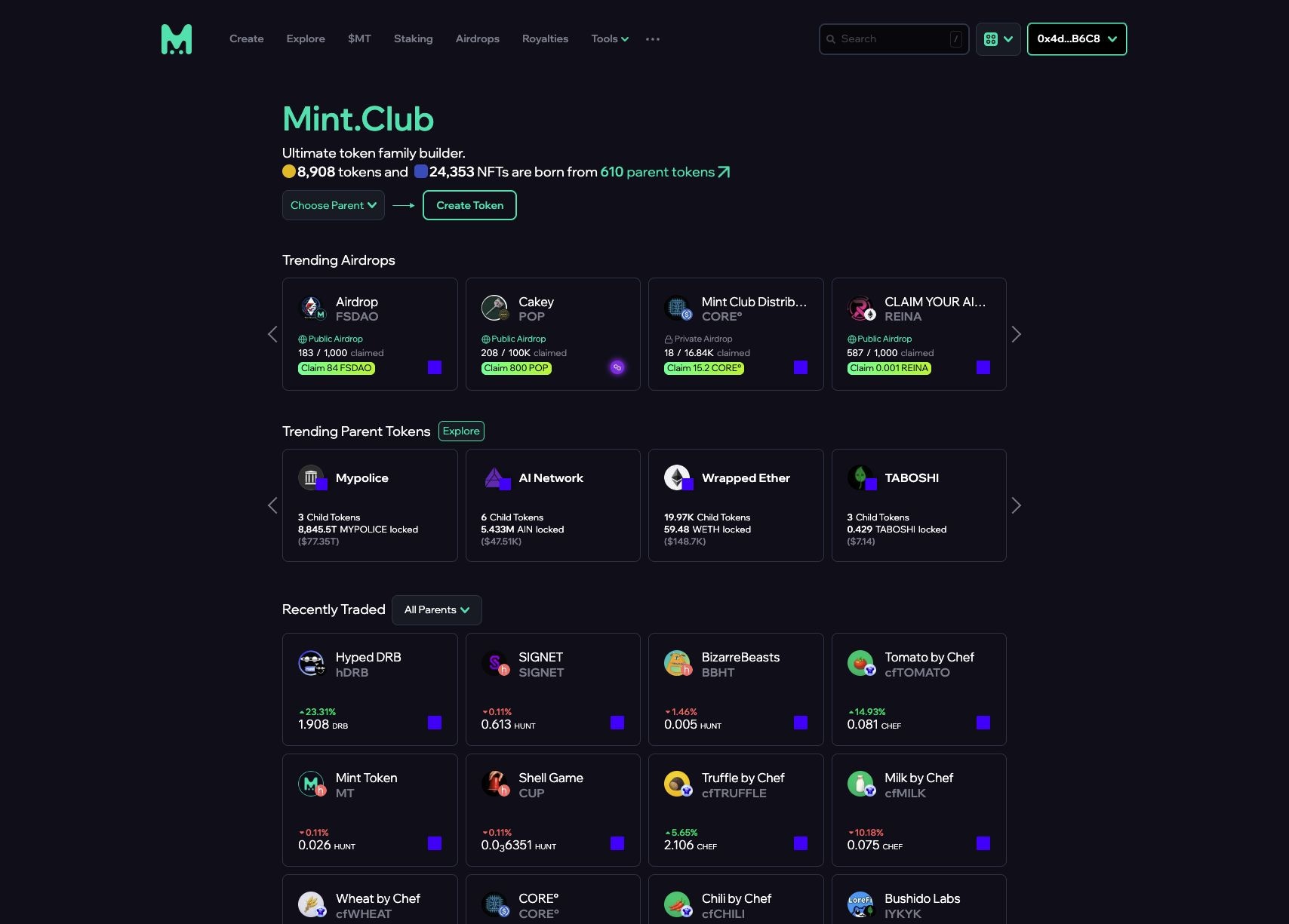 Mint Club homepage with trending tokens and airdrops