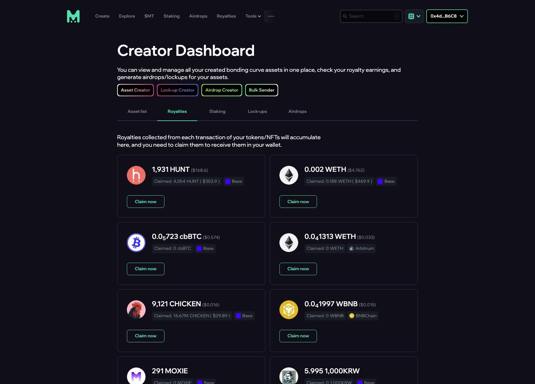 Mint Club connected creator dashboard showing claimable royalties