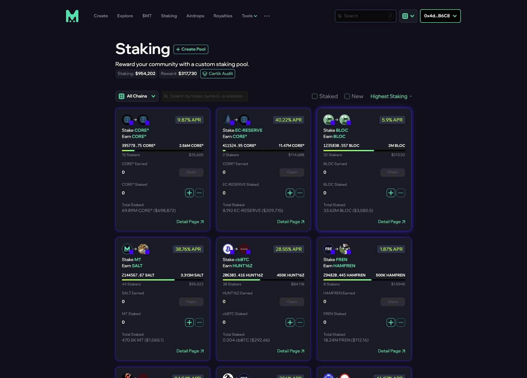 Mint Club staking directory sorted by highest staking