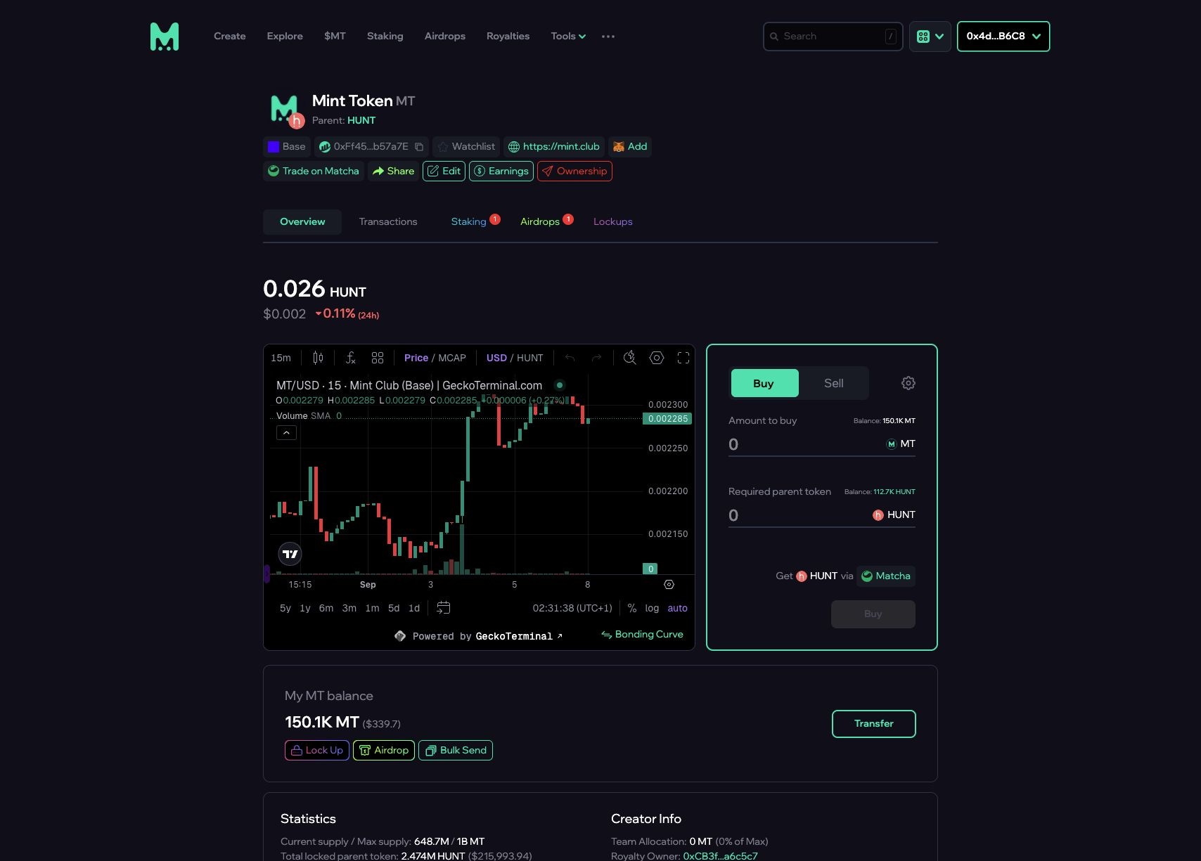 Mint Club MT token market on Base with its price chart